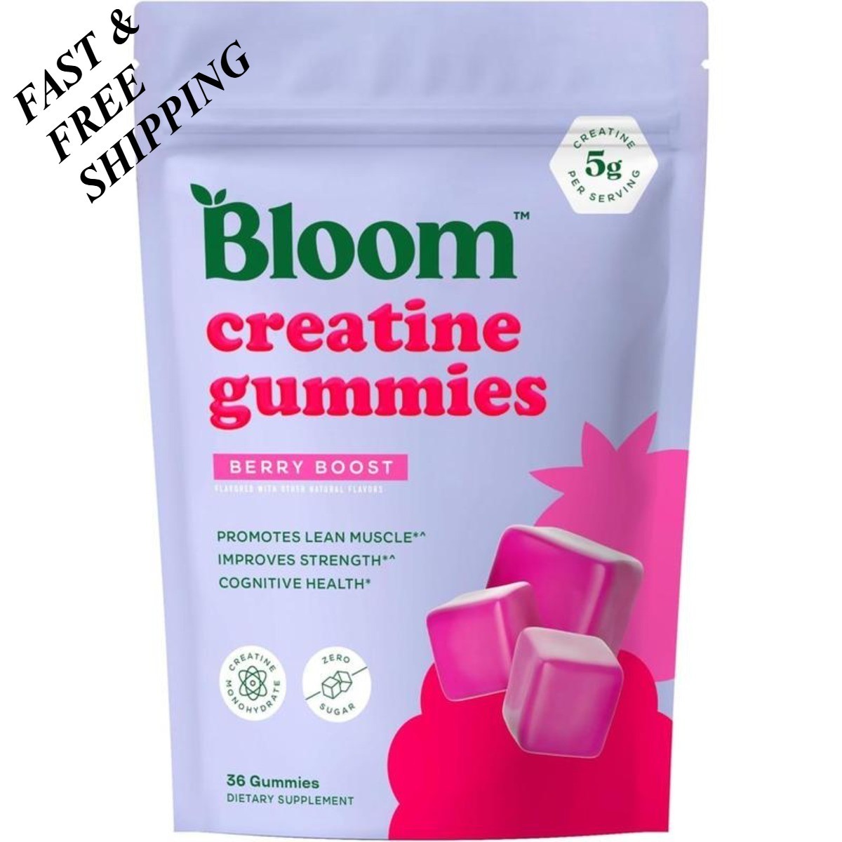 Bloom Sugar Free Creatine Gummies 5g – Monohydrate for Strength,Berry,36 Gummies