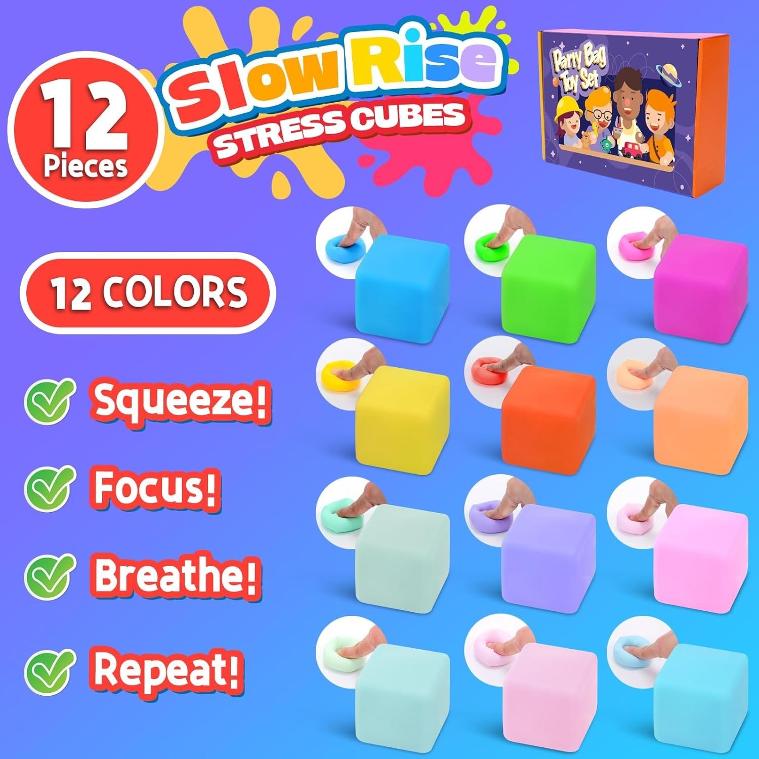 12PCS Squeezeable Stress Cubes – Slow-Rebound Design