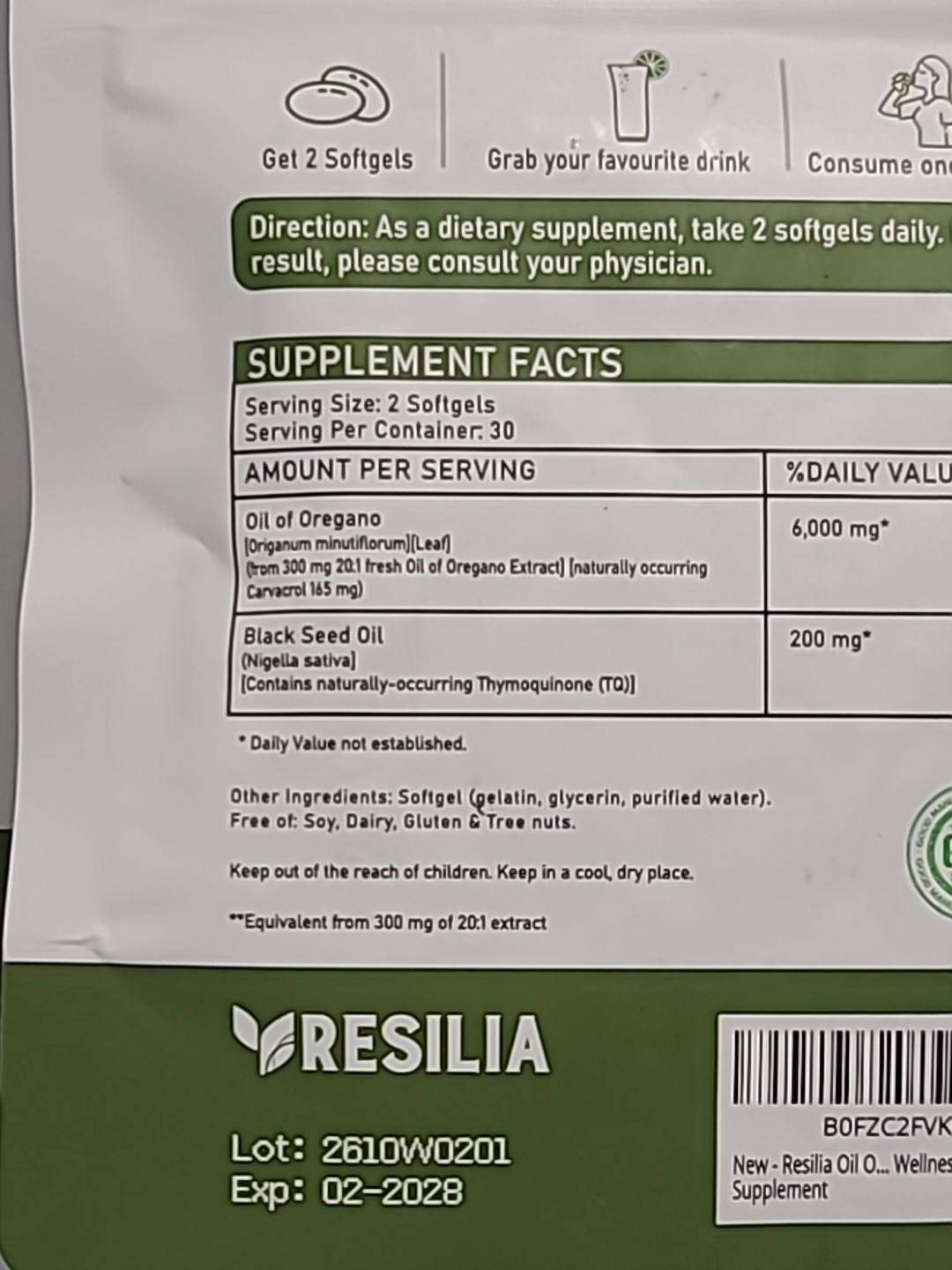 1 × Resilia• OIL OF OREGANO 6000 mg with BLACK SEED OIL • 60 SOFTGELS NEW SEALED