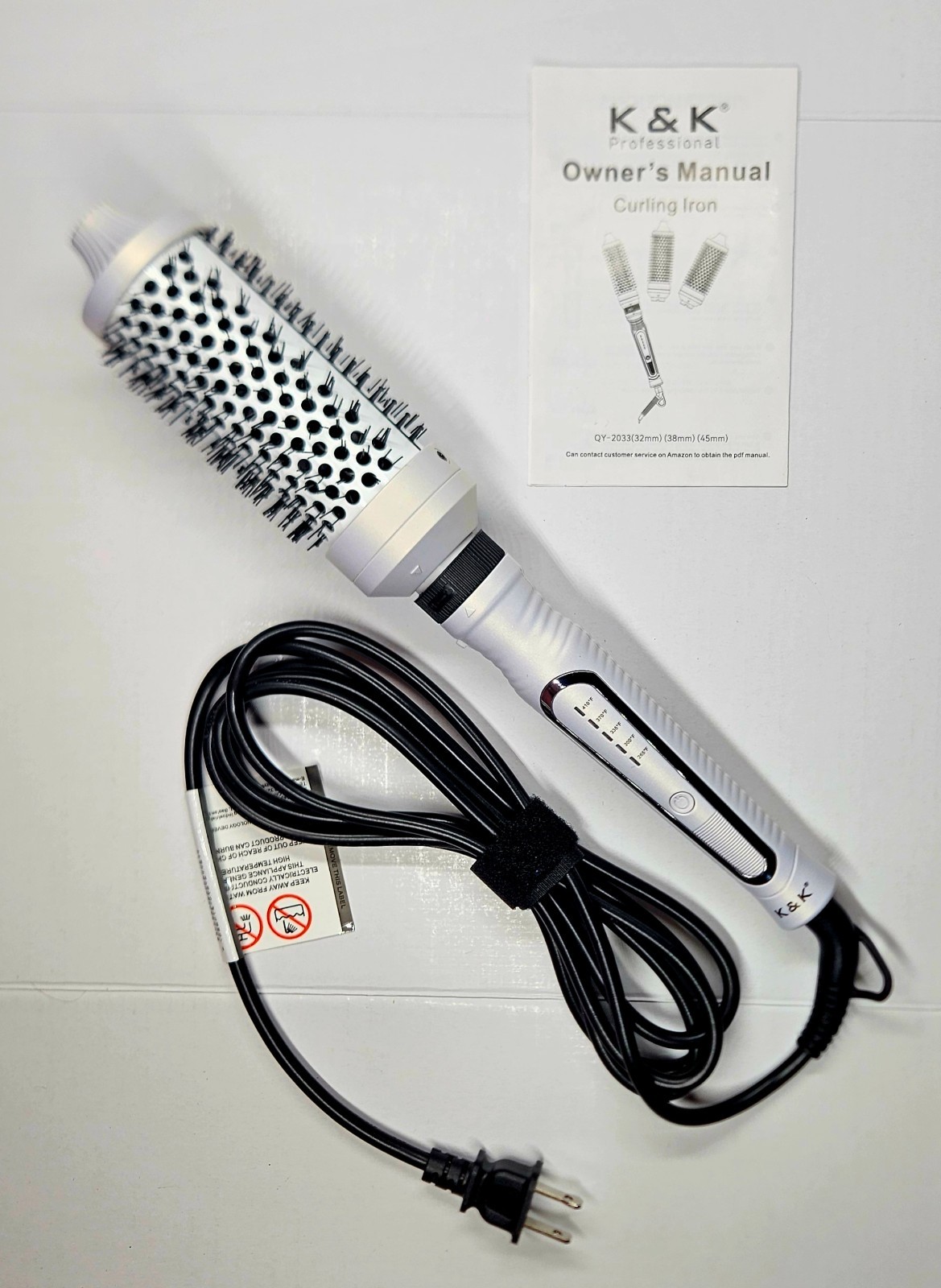 K&K 3-in-1 Thermal Brush Set Ceramic Hot Brush Curling Wand Dual Voltage White