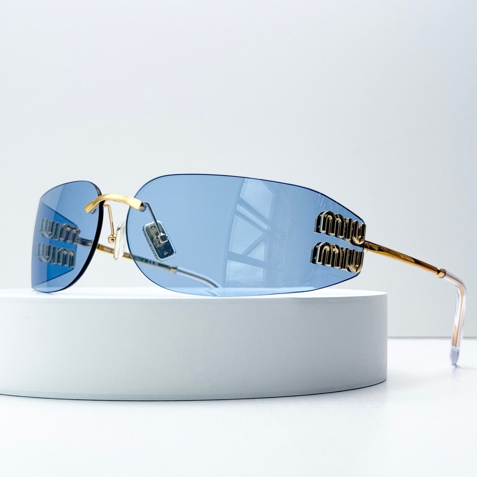 Miu Miu SMUA51 Gold Light Blue Rimless Wrap Sunglasses Women 75mm