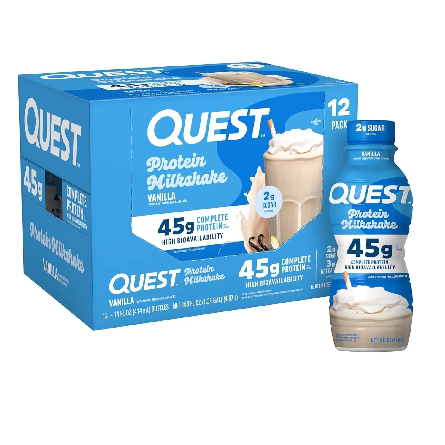 Quest Nutrition Vanilla Protein Shake, 45g Protein 2g Sugar, 3g Net Carbs 12 CT
