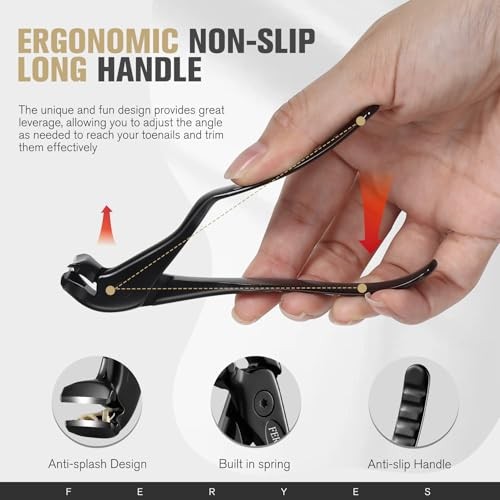 Ergonomic Non-Slip Long Handle Nail Clippers for Seniors, Unique Black (Large)
