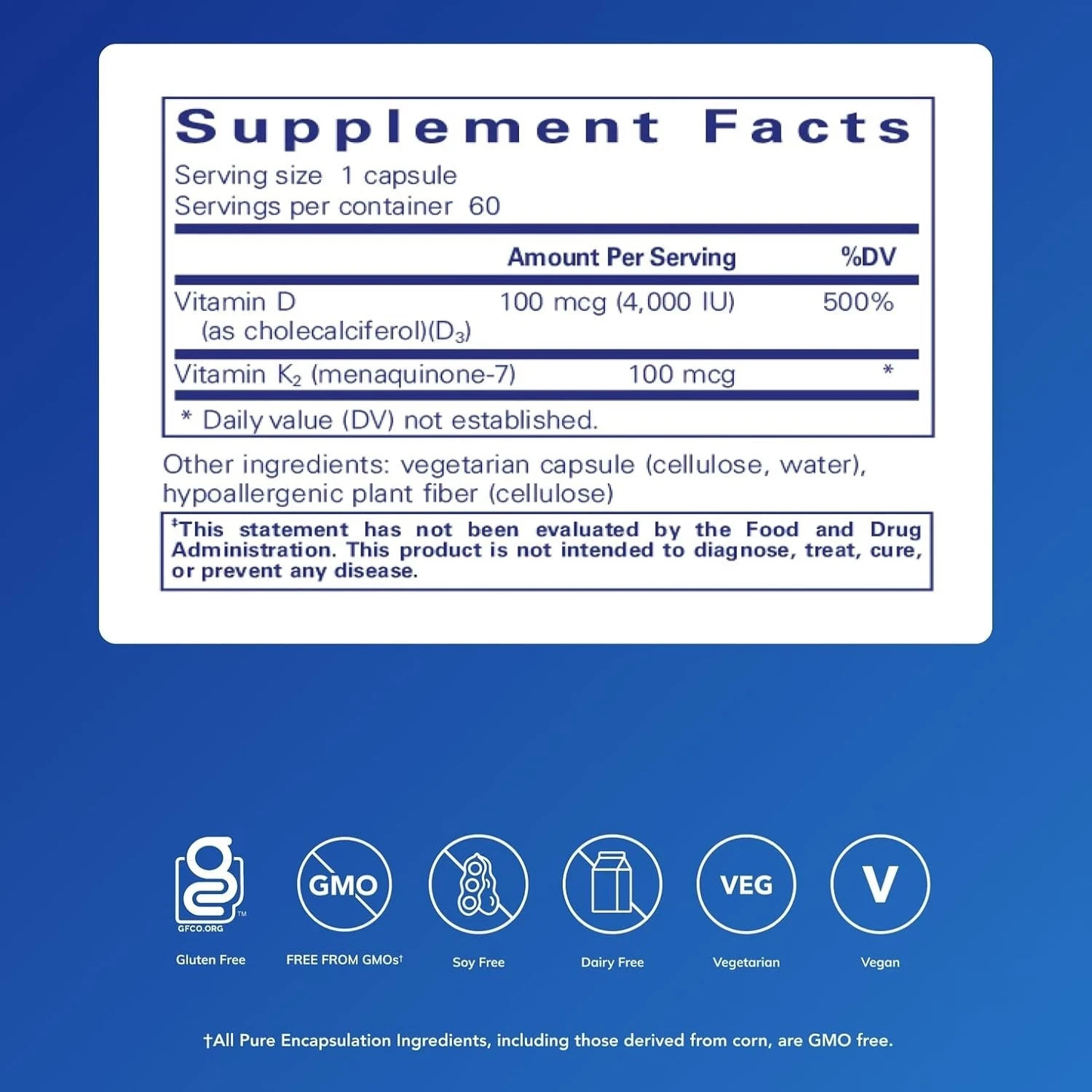 Pure Encapsulations Vitamin D3 & K2 – 60 capsules EXP 11/2027