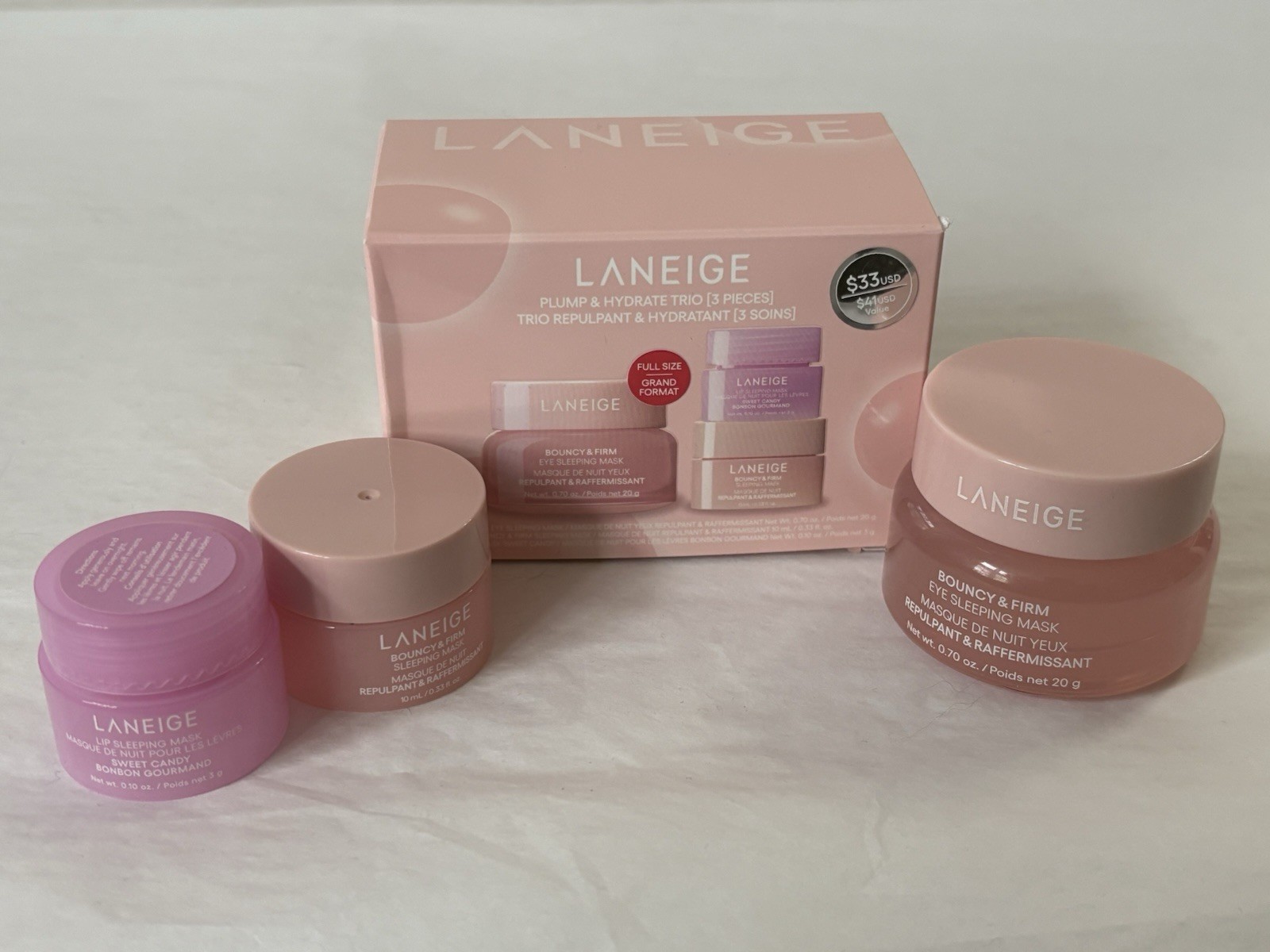 New Laneige Bouncy & Firm Eye Sleeping Mask 0.7 oz / 20g + 2 Bonus Jars