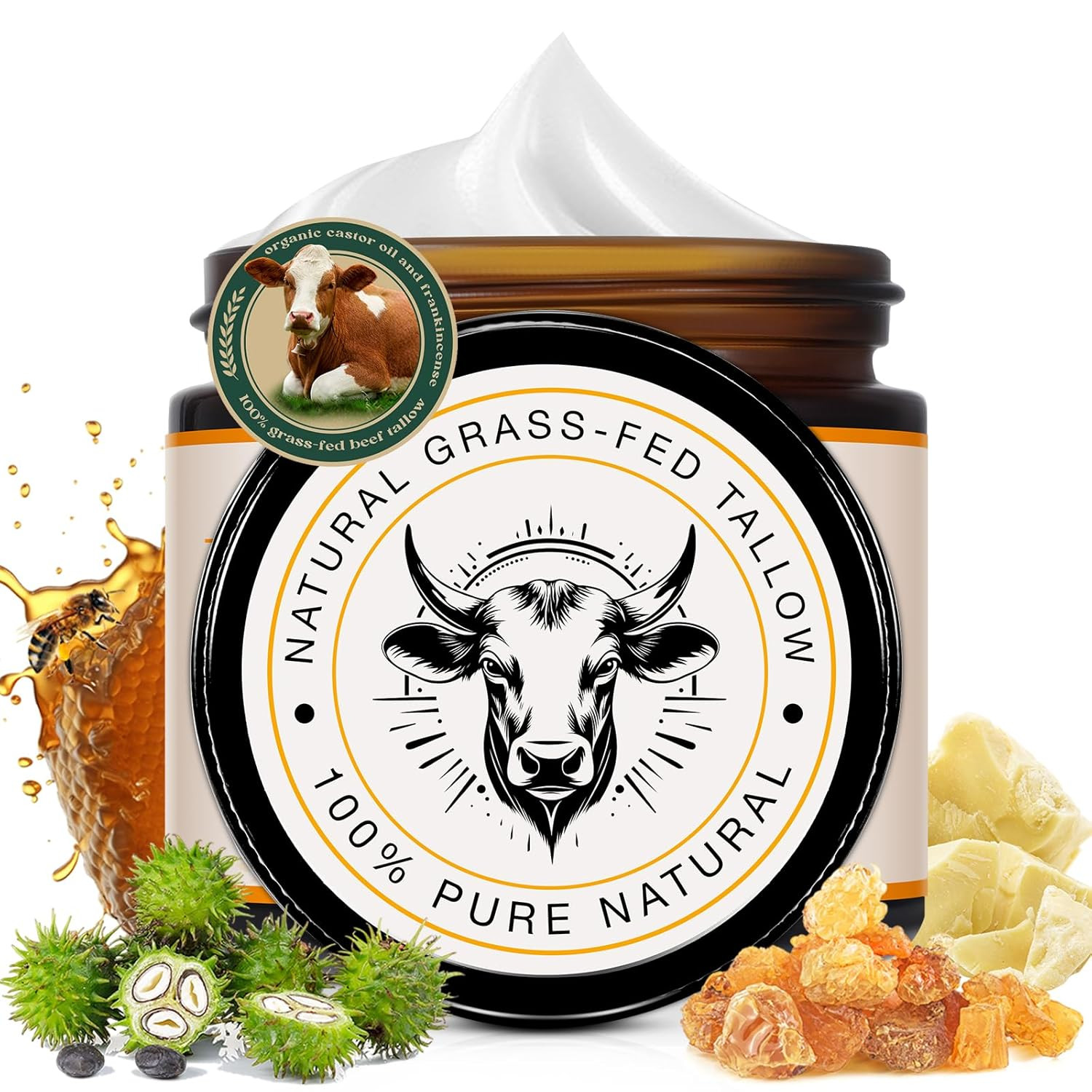 Grass-Fed Beef Tallow Cream with Frankincense and Castor Oil 2.1 Fl.Oz, Raw Hone