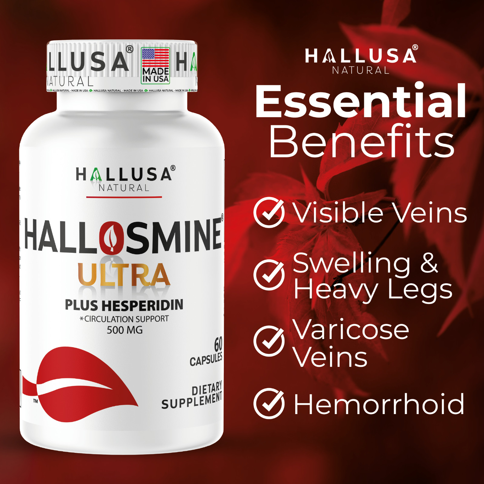 2 pack Hallosmine cream + Free Hallosmine Ultra Diosmin, Vein support supplement