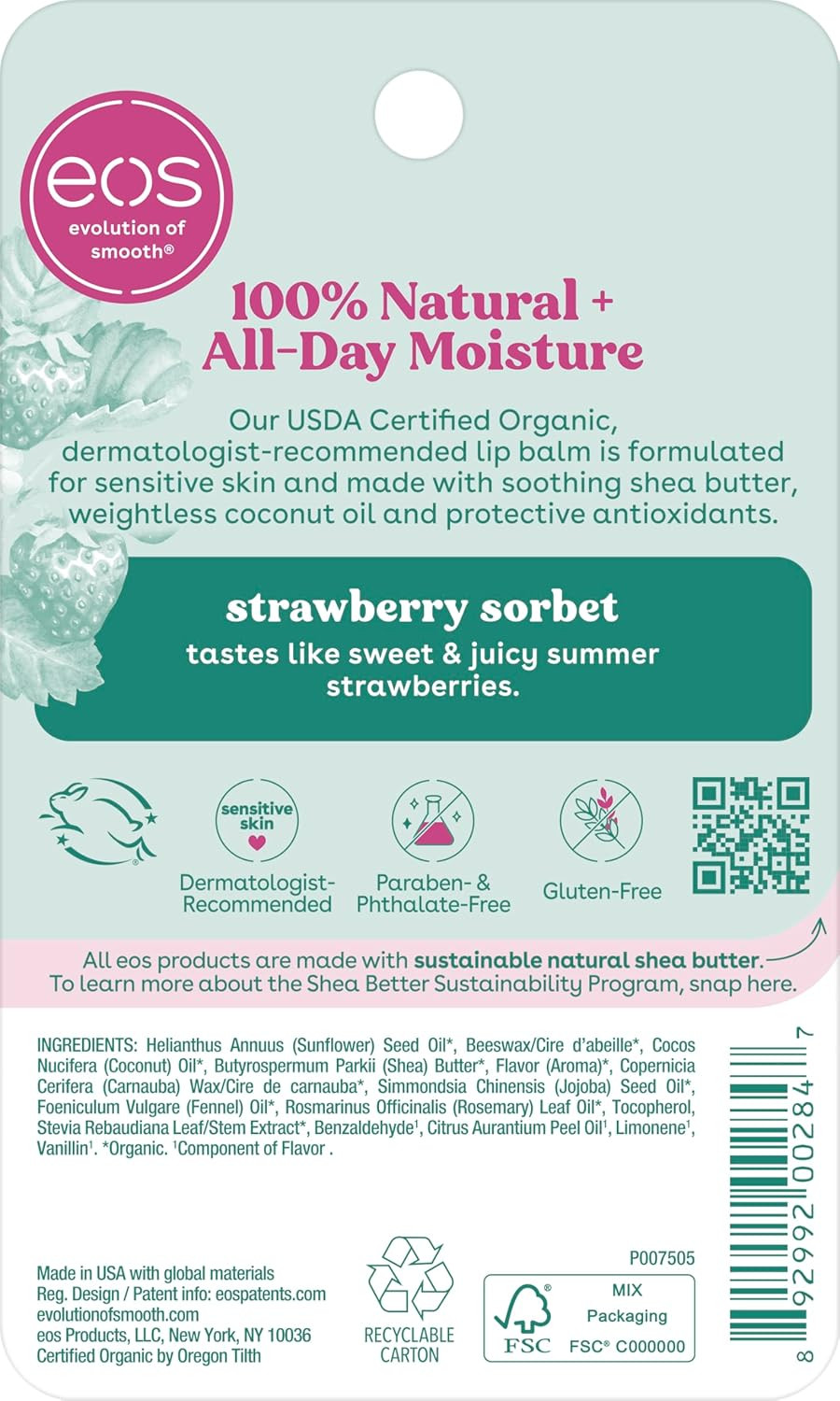 eos 100% Natural & Organic Lip Balm – Strawberry Sorbet All-Day Moisture 0.25 oz