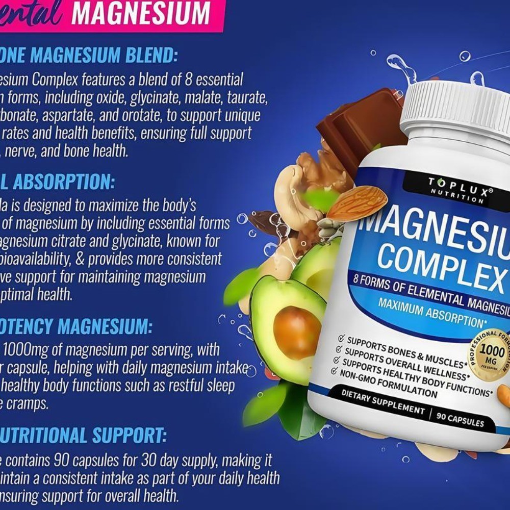 1-3Pack Toplux Nutrition Magnesium Complex 1000mg Supports 8 Elemental Magnesium