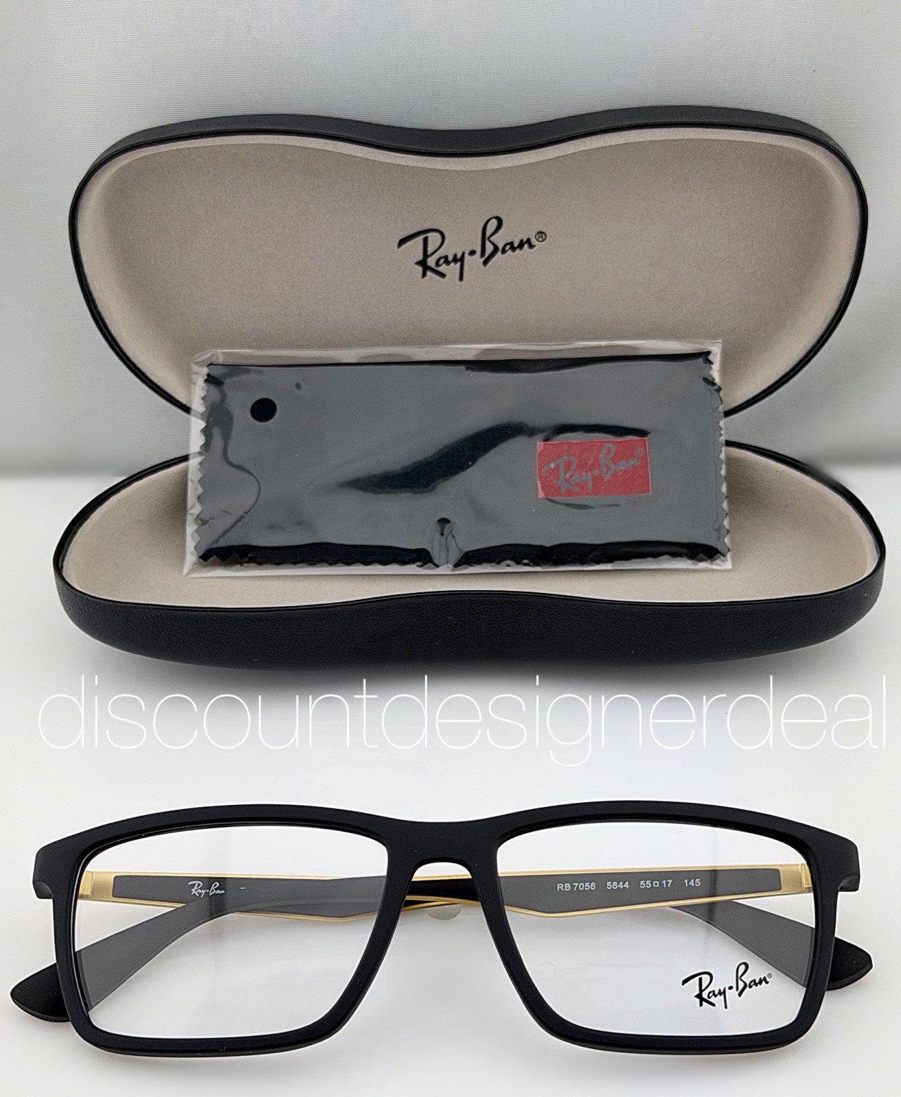 Ray-Ban Rectangular RB7056 5644 Eyeglasses Black Matte Gold Frame Clear 55mm