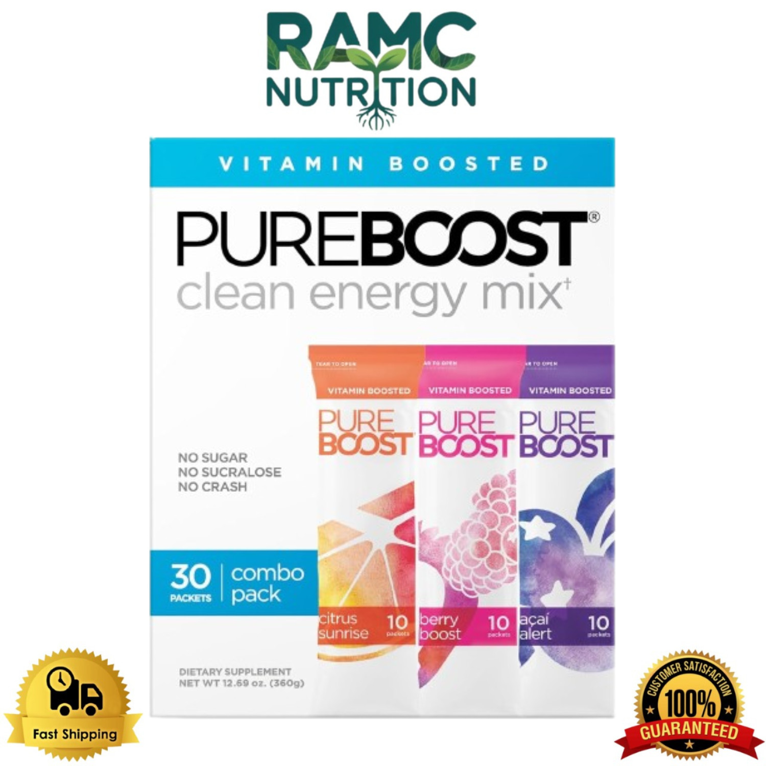 Pureboost Clean Energy Booster, Refreshing Energy Drink – Combo Pack – 30 Count
