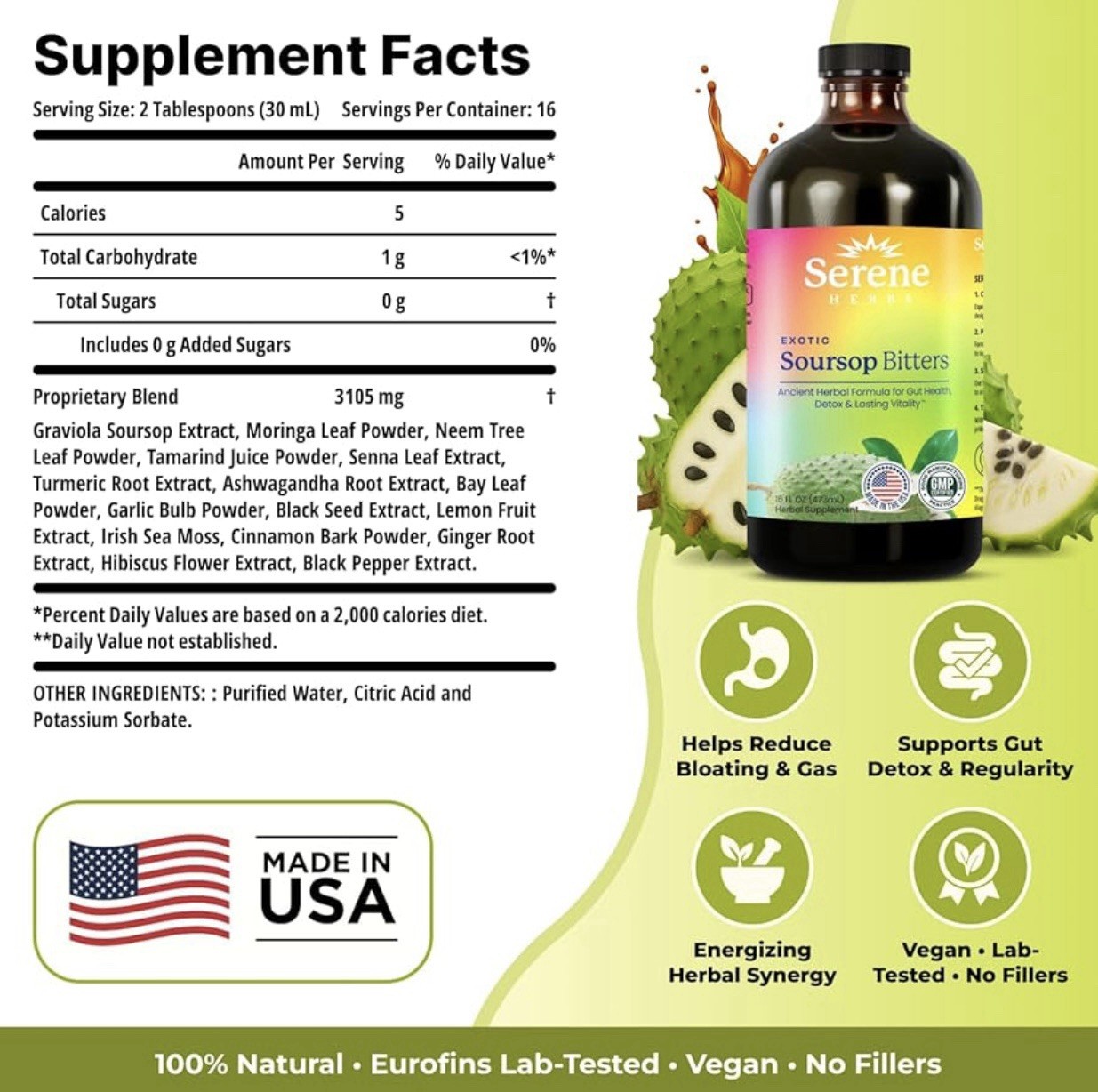 Serene Herb Exotic Soursop Bitters Liquid Gut Health Detox Lasting Vitality 16oz