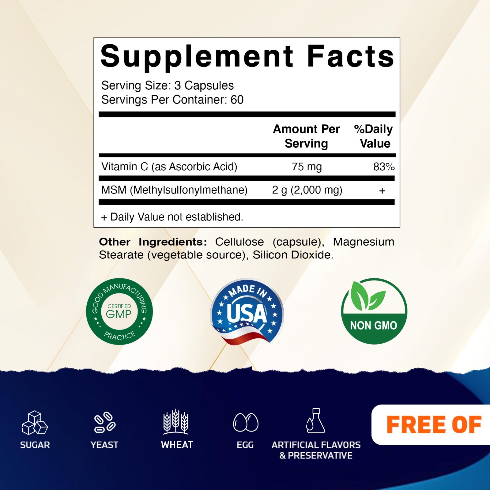 Vitamatic MSM 2000 mg with Vitamin C 75mg per Serving – 180 Veg Capsules-2 Pack