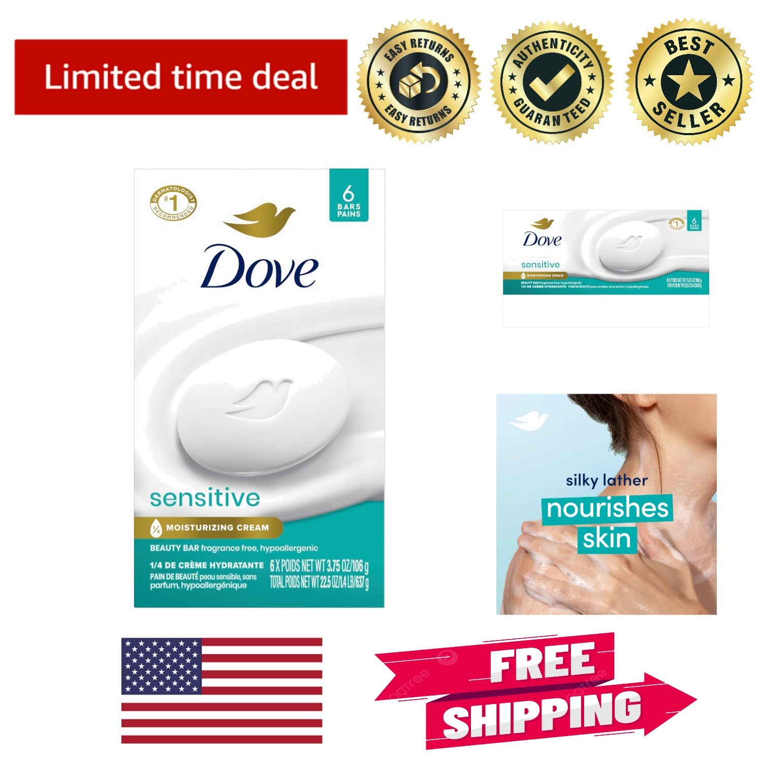 Hypoallergenic Beauty Bar Soap – 6 Fragrance-Free Bars for Sensitive Skin