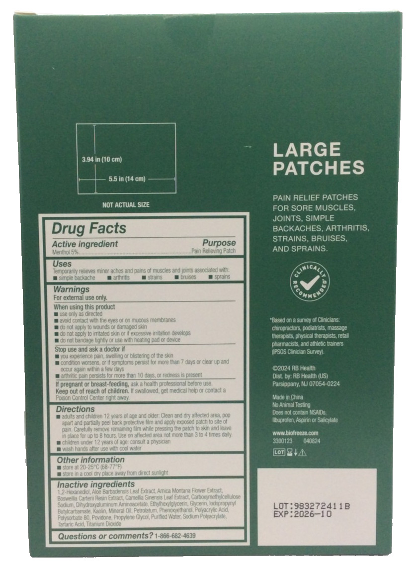 Biofreeze Pain Relief Patch, Cooling Menthol, Flexible, Large, 15ct, Exp 10/2026
