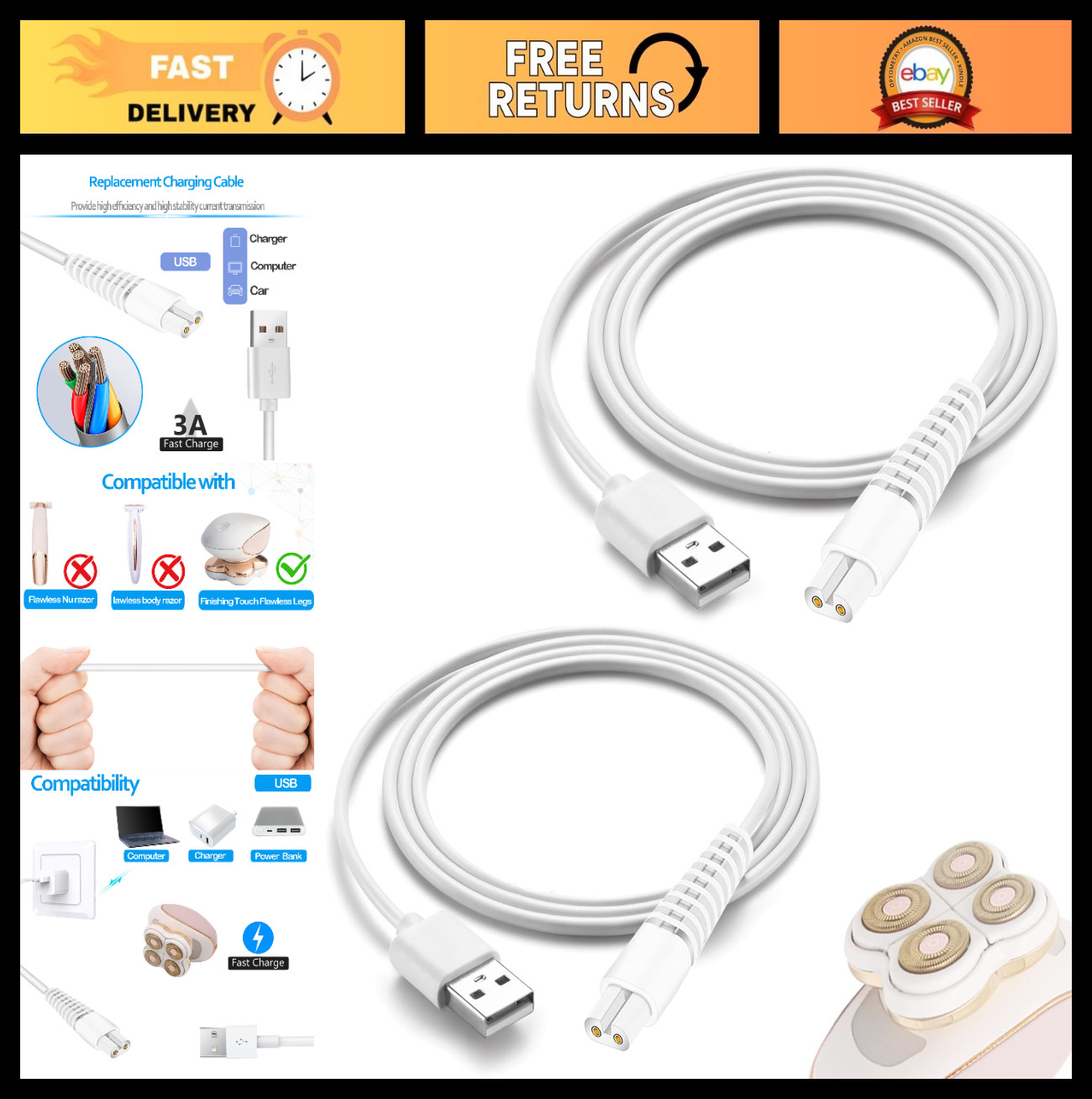 2 Pack Charging Cable for Electric Trimmer & Hair Remover, Power Cord for Shaver