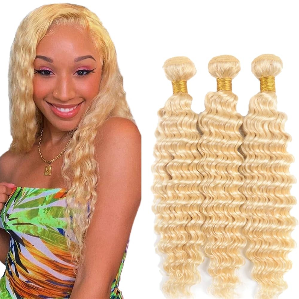 Younghann 30 32 34 Inch Blonde Human Hair Bundles Color 613 Deep Wave Bundles