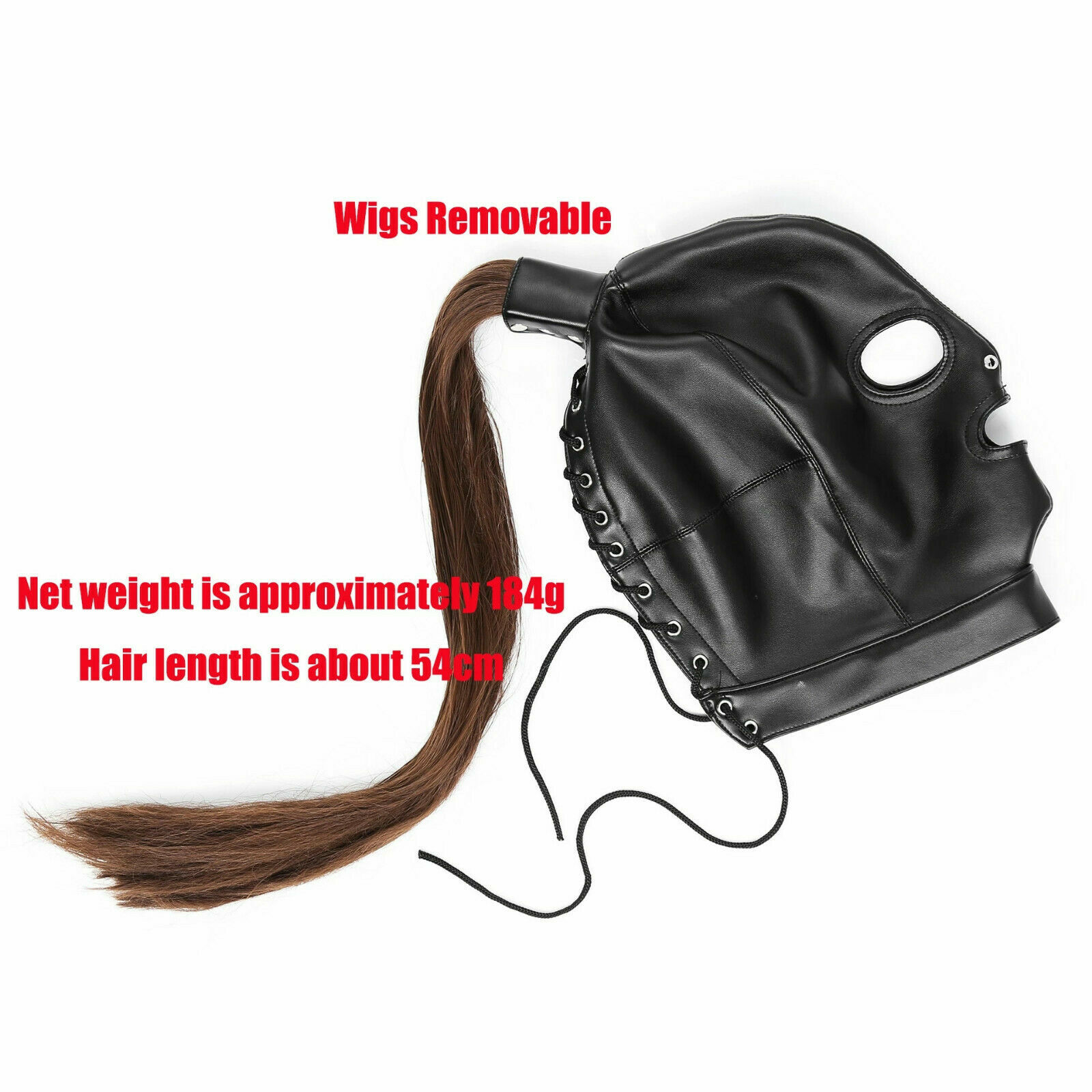 Adult unisex PU Leather Gimp Head Harness Headgear Hood party Mask ponytail wigs