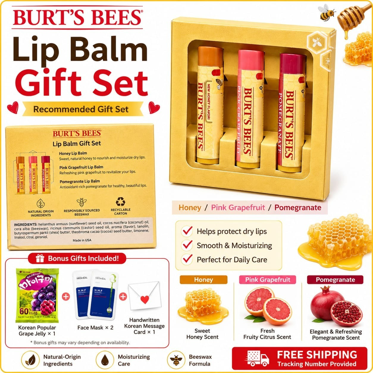 Burt’s Bees Lip Balm Gift Set 2 Boxes 6 Lip Balms Honey Pink Grapefruit Pomegran
