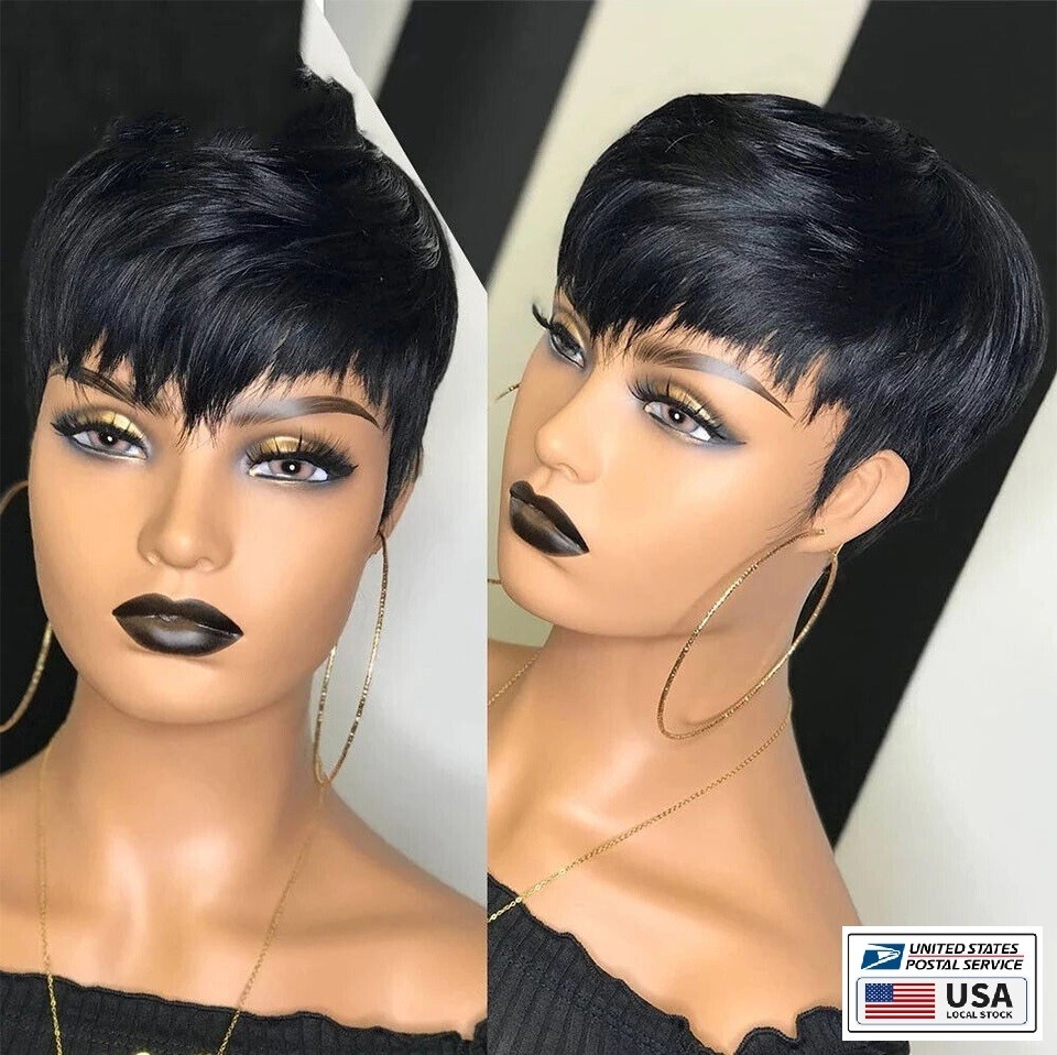 Women Pixie Cut Black Short Bob Wigs Brazilian None Lace Hairstyles Natural Wigs