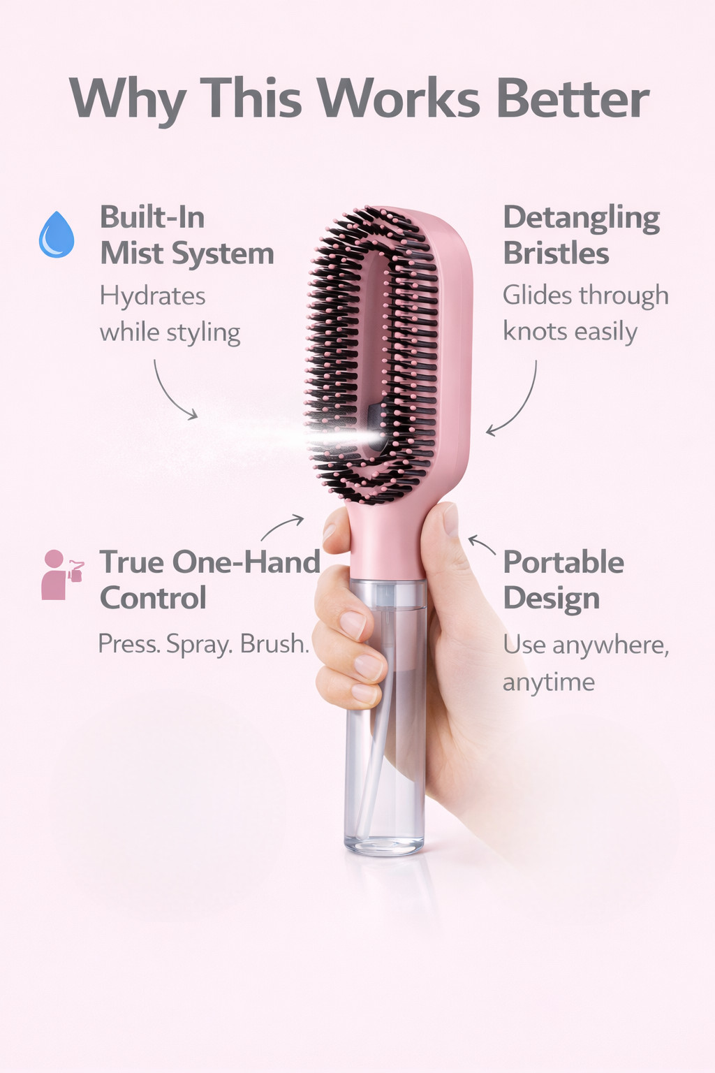 SPRAY HAIR BRUSH Detangler Portable Water Mist Comb Anti Frizz Brush and Comb