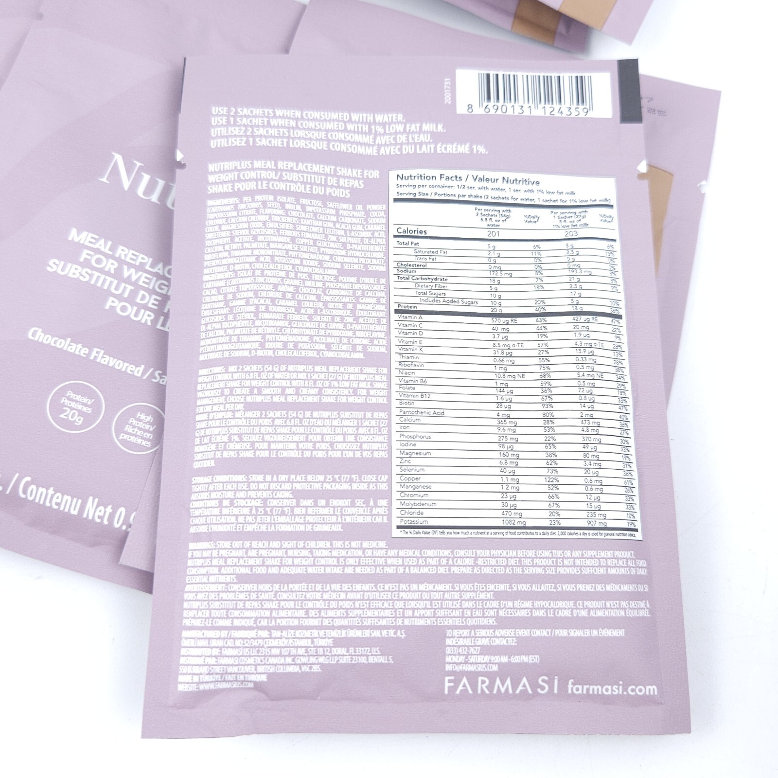 8x FARMASI NUTRIPLUS MEAL REPLACEMENT SHAKE Chocolate. Exp 01/2025