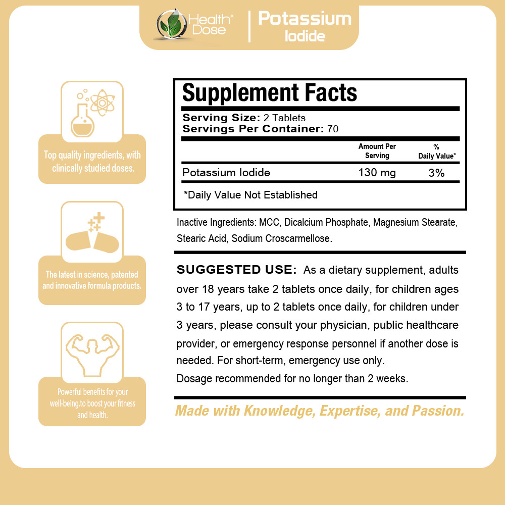 Health Dose Potassium + Iodide KI Supplement. Short Term. 130mg. 140 Tabs