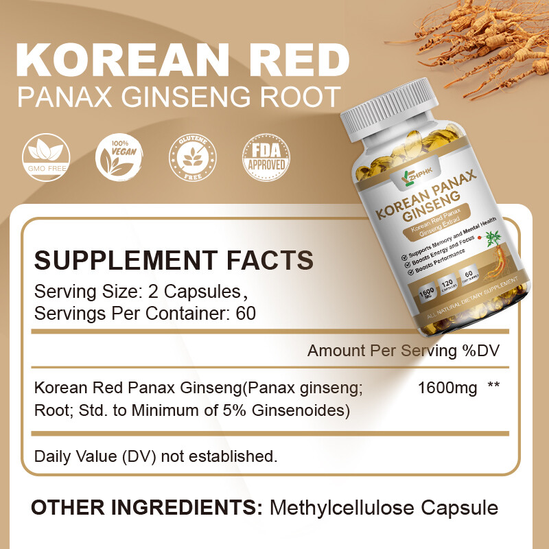 Korean Red Panax Ginseng 120 Capsules – 1600mg Extra Strength NON-GMO No Fillers