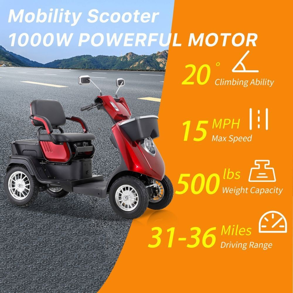 1000W 4-Wheel Heavy Duty Adjustable 2-Seat Electric Power Mobility Scooters