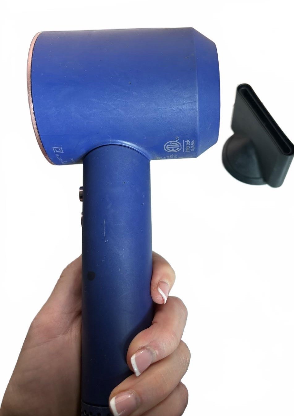 Blue and Rose Gold Dyson Hair Dryer with Concentrator Nozzle