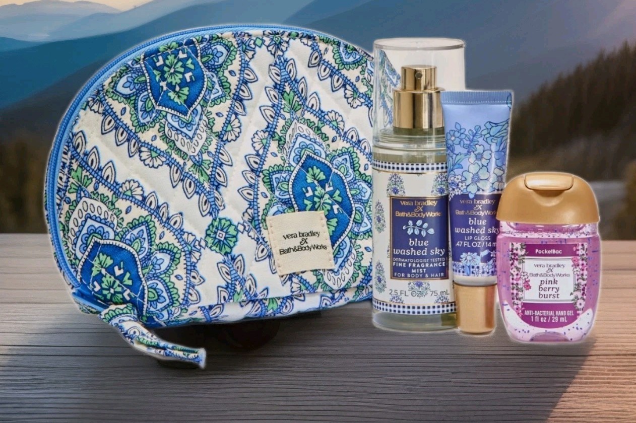 4 Pcs Set Bath & Body Works Vera Bradley Blue Travel & Cosmetic Bag Set 4x Lot
