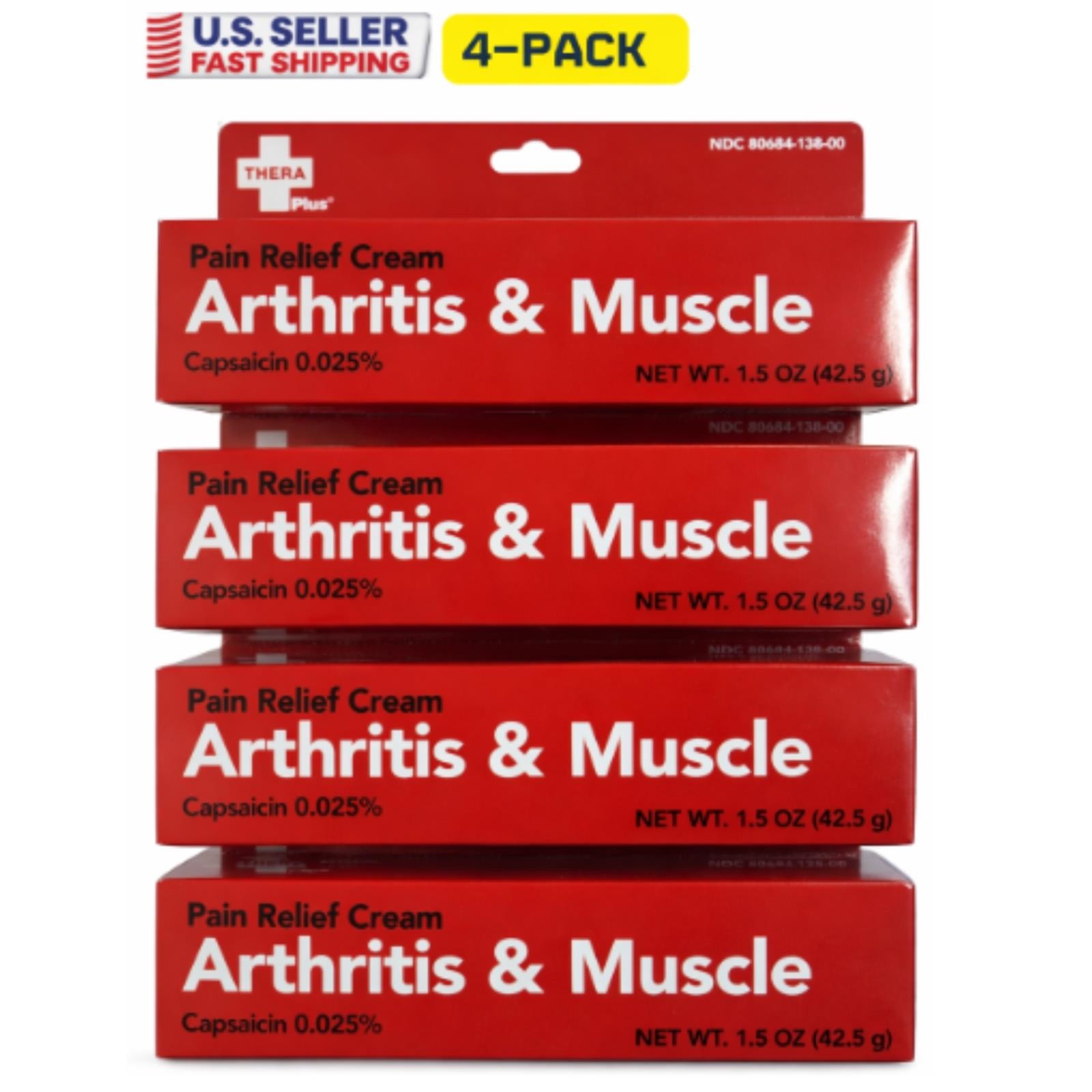 4 Pack Arthritis & Muscle Pain Relief Cream Capsaicin 0.025% Thera Plus 1.5oz