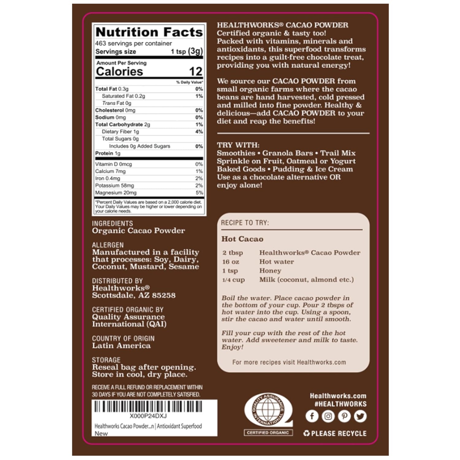 Cacao Powder: Keto, , Non-GMO – 3 Lbs – Peruvian Origin