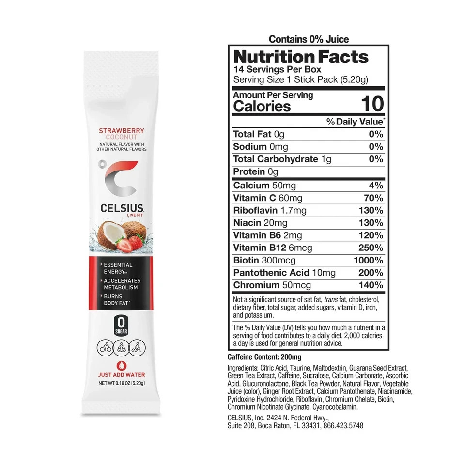 CELSIUS On The Go Energy Drink Mix, Strawberry Coconut (14 Stick Pack). New
